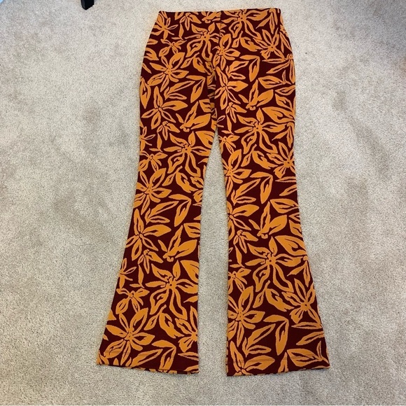 Zara red orange flared floral tropical Jacquard stretchy pants Sz L - Picture 3 of 12